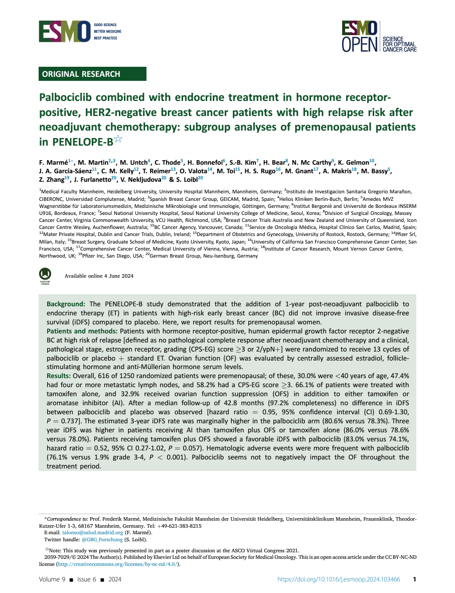 The first page of a journal article titled 'This study investigates the impact of adding the drug palbociclib to standard endocrine therapy endocrine therapy in pre-menopausal women with hormone receptor-positive, HER2-negative breast cancer at high risk of relapse after chemotherapy. The research focuses on whether this combination improves invasive disease-free survival, which is the time patien